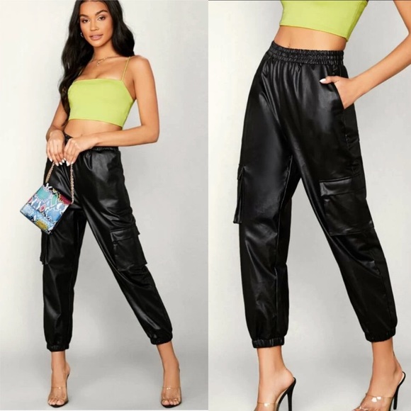 SHEIN Pants - Nwt SHEIN Black Faux Leather Cargo Pants L